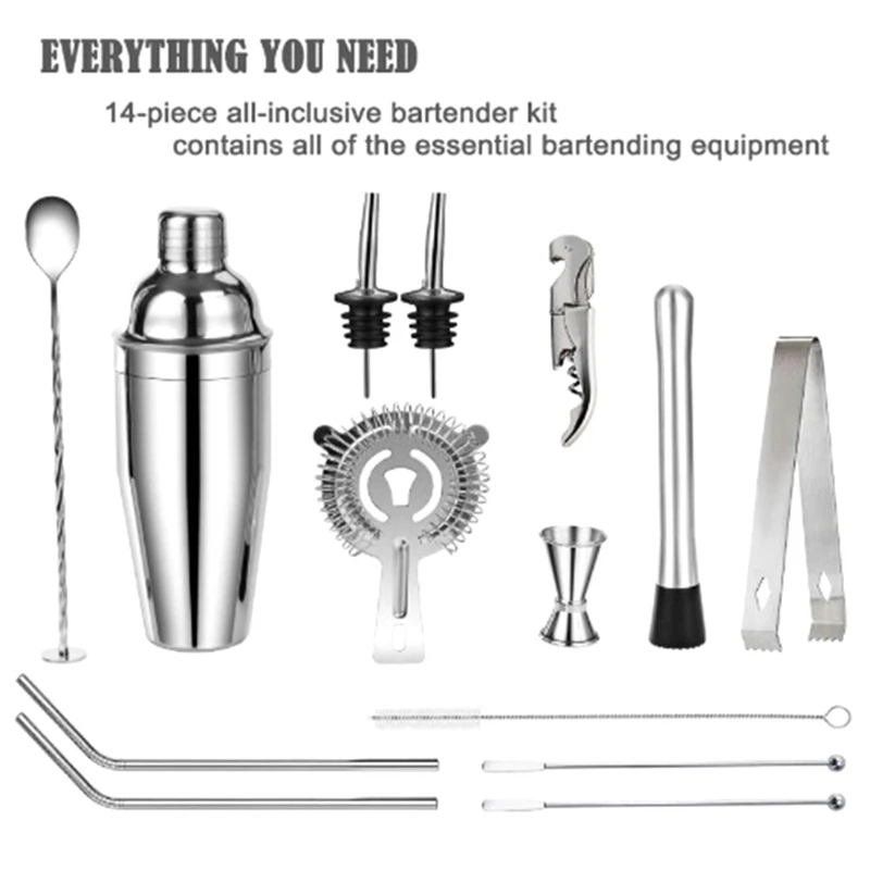 14Pcs Cocktail Shaker Set Bartender Kit -Stainless Steel Bar Tools For DIY Bartending Home Made Cocktails Accessories