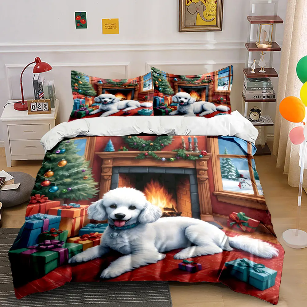 A dog surrounded by gifts by the Christmas fireplace. Print Duvet Cover Bedding Set Included 1*Duvet Cover 2*Pillowcases