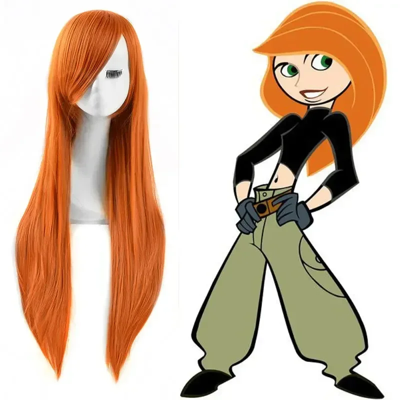 Anime Kim Possible Cosplay Wigs Adult Women Long Orange Straight Synthetic Hair Halloween Costume Props Accessories Party Costum