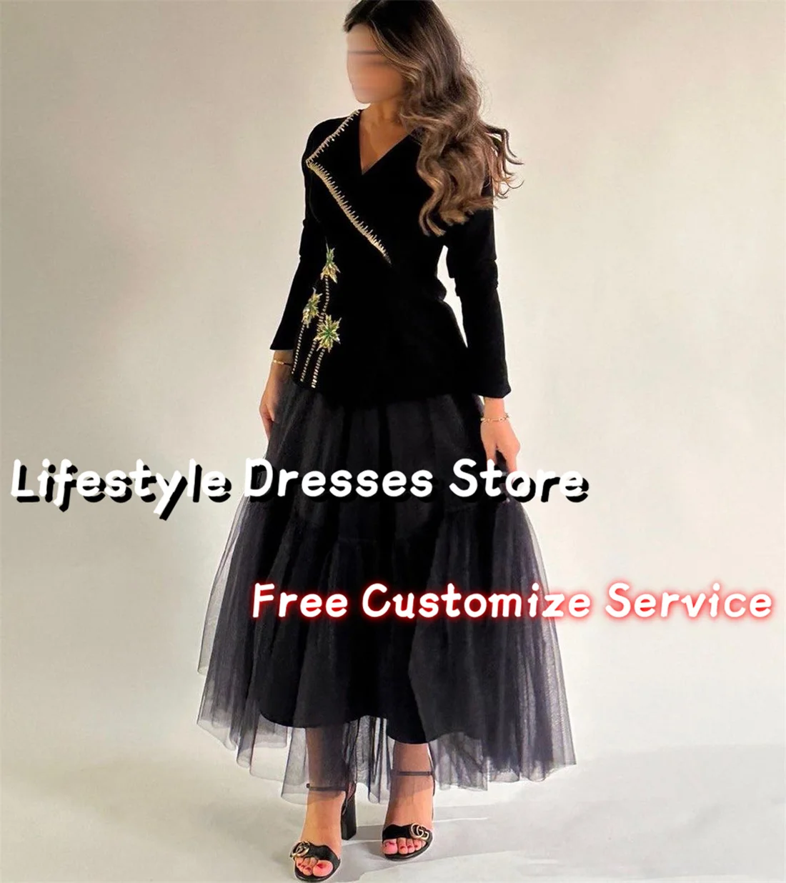 Customized Coconut Tree Beaded Long Sleeves Black Prom Dresses Tulle A-Line Crepe Jacket Evening Dress Saudi Formal Party Gown