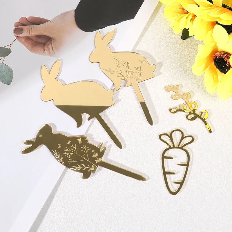 

3/5Pcs Happy Easter Cake Topper Gold Acrylic Bunny Carrot Egg Cakes Decoration For Easter Party Cupcake Decor pastry Baking Tool
