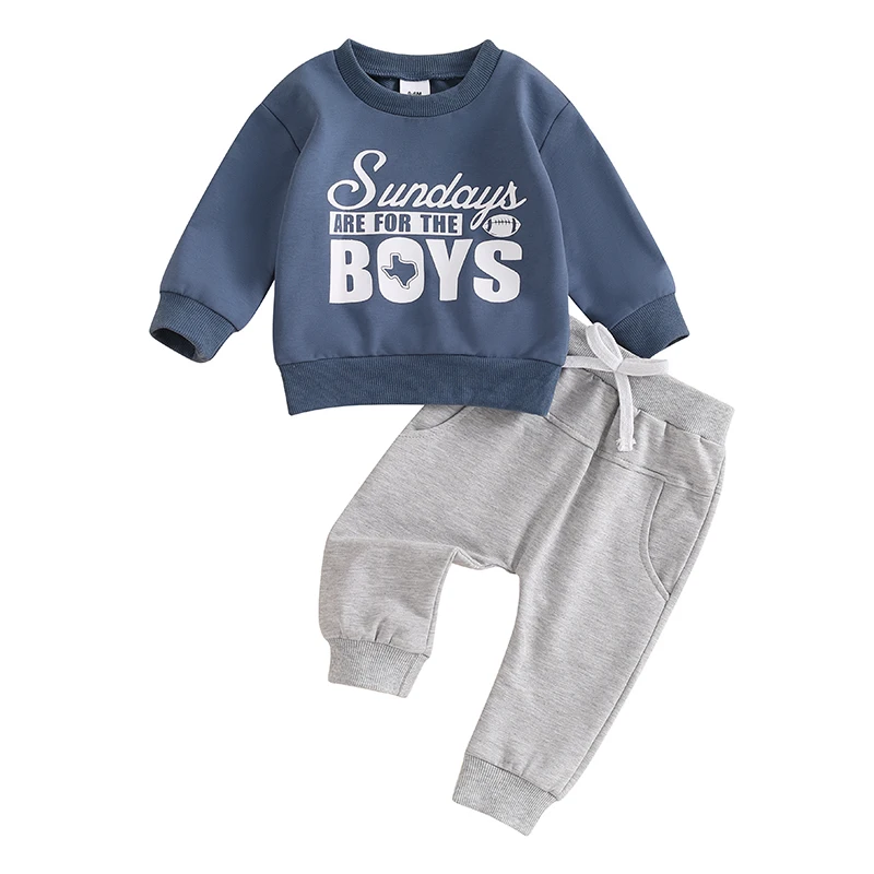 Baby Boy 2 Piece Fall Outfit Letter Rugby Print Long Sleeve Sweatshirt Elastic Waist Pants with Pockets