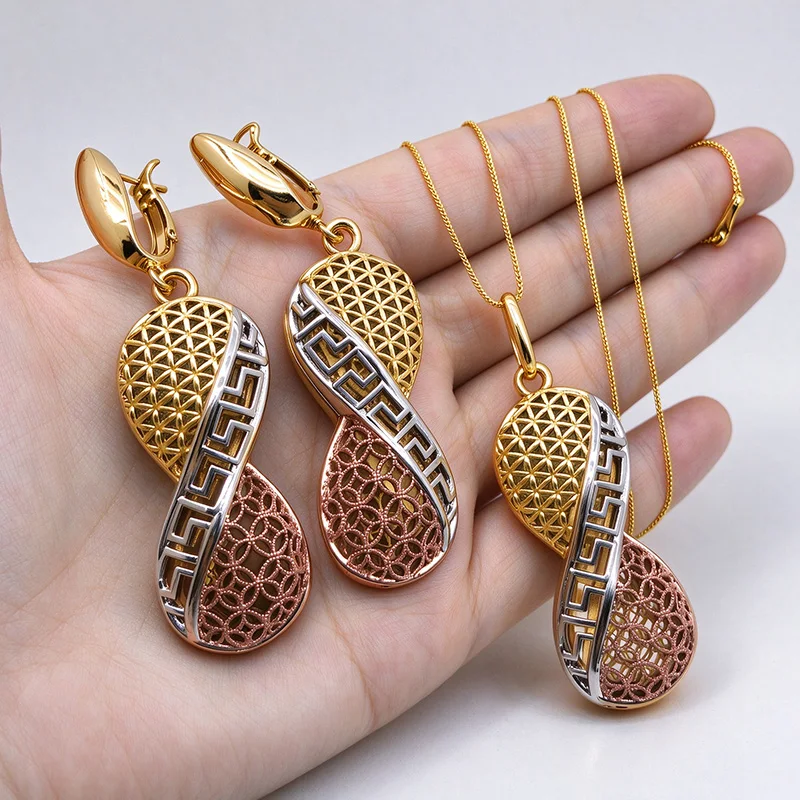 Vintage Twisted Figure-8 Earring and Pendant Jewelry Set Fashion Tri-color Cutout Pattern Party Date Daily Wear Accessories