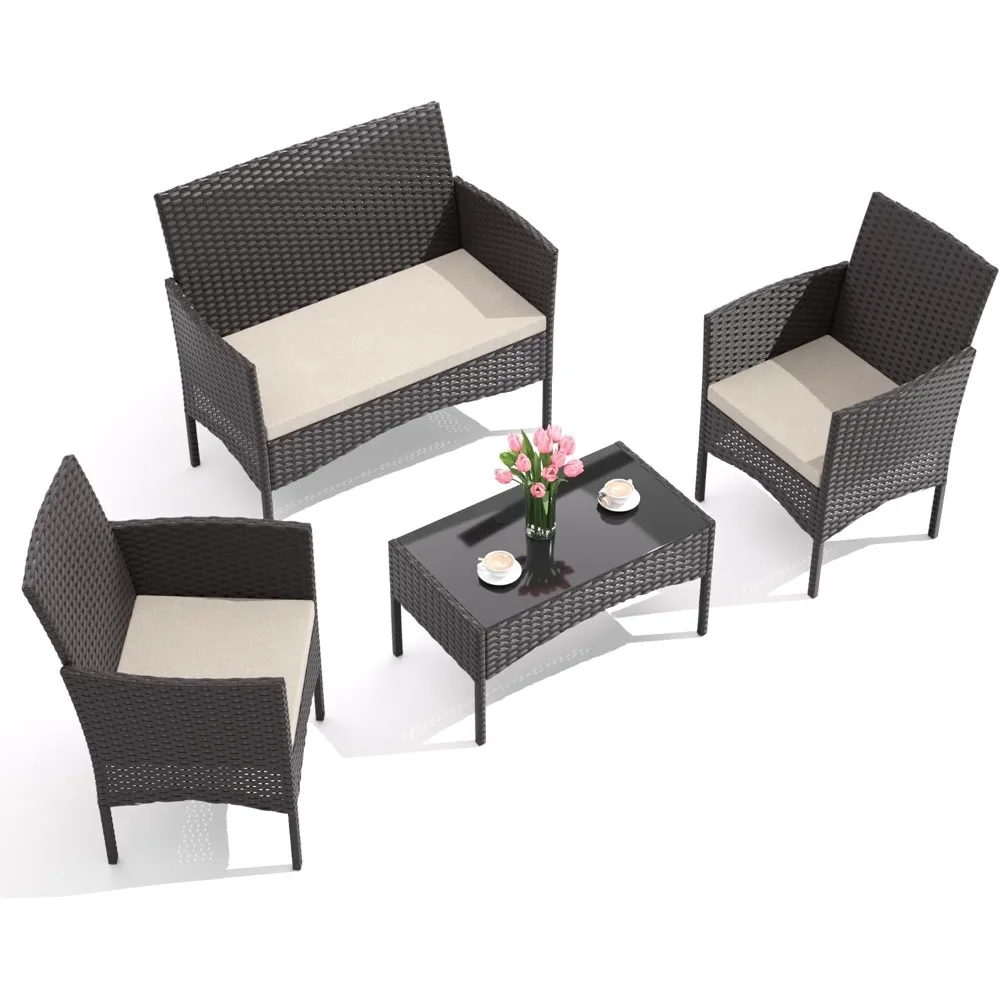 

4-Piece Outdoor Patio Furniture Set, Wicker Rattan Chairs & Sofa with Cushions and Glass Coffee Table