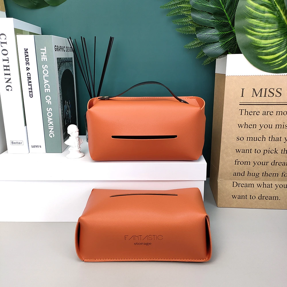 Simple PU Leather Tissue Case Desktop Napkin Pumping Paper Storage Box Foldable Paper Towel Container for Home Car Decoration