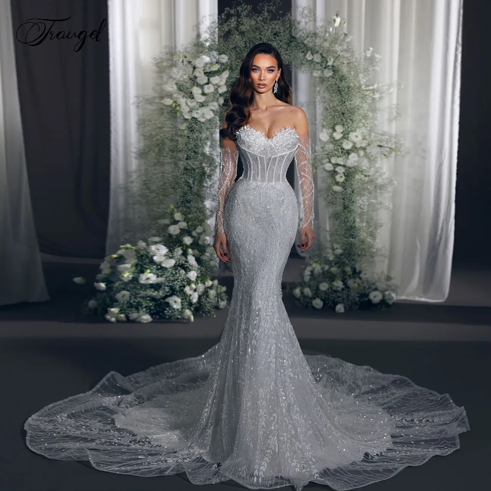 

Customized Strapless Exquisite Mermaid Wedding Dresses Lace Embroidery Vestido De Novia For Women Sexy Glitter Robe De Mariee