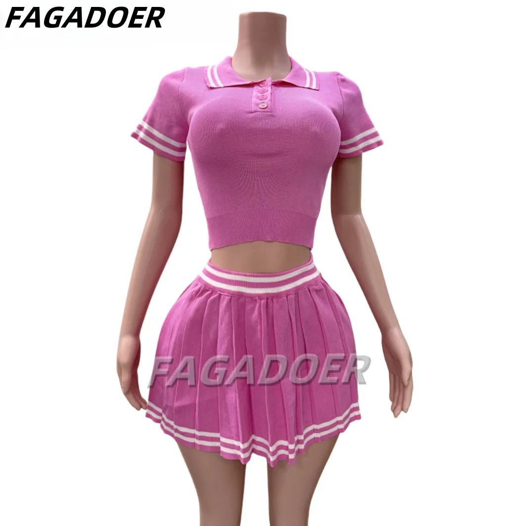 FAGADOER Fashion Academic Style Stripe Splicing Pleated Mini Skirts Two Piece Sets Women V Neck Short Sleeve Top+Skirts Outfits