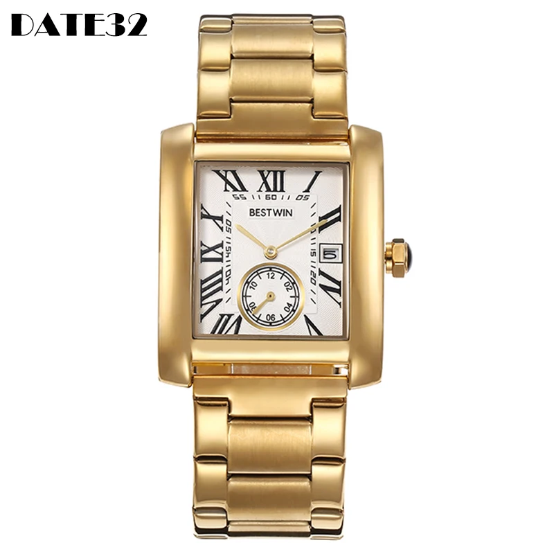 Luxury Men Watch Men\'s Gold White Roman Numbers Quartz Wristwatch Metal Strap Rectangle Classic Brand Watches Business Man Clock