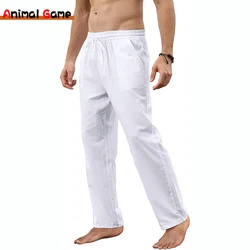 New Men's Cotton Linen Pants Loose Autum Casual Pants Male Breathable Solid Color Drawstring Jogger Yoga Long Trousers