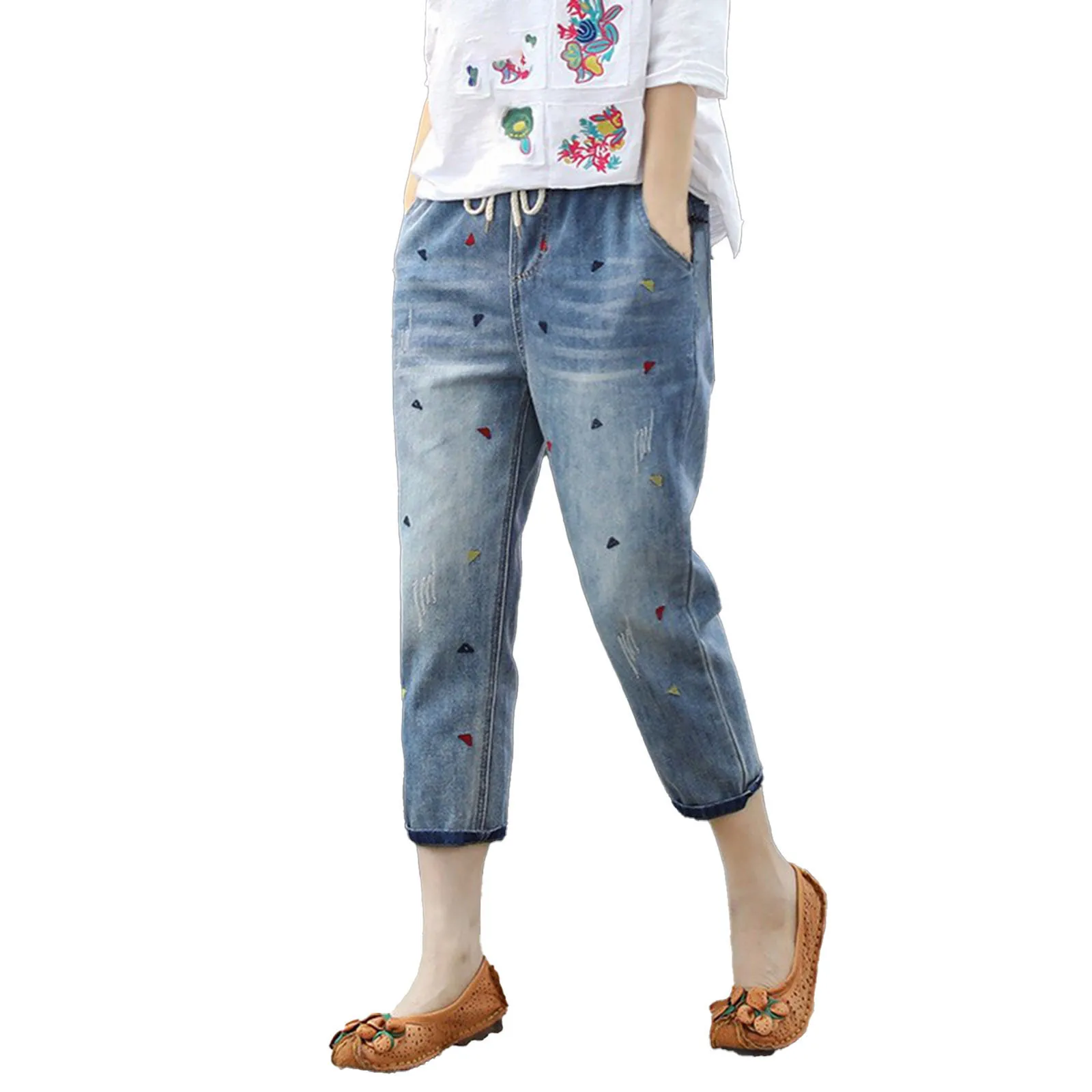 Women Casual Comfortable Literary Embroidery Elastic High Waist Drawstring Cutting Pants Jeans Female Denim Cropped Trousers