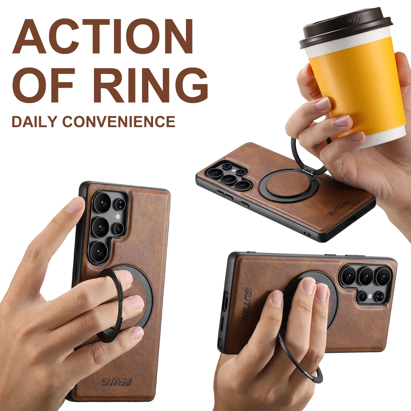 

Luxury Leather Phone Case for Samsung Galaxy S25 Ultra S24 Plus S23 S22+ Shell Magnetic Charging Ring Holder Shockproof Cover