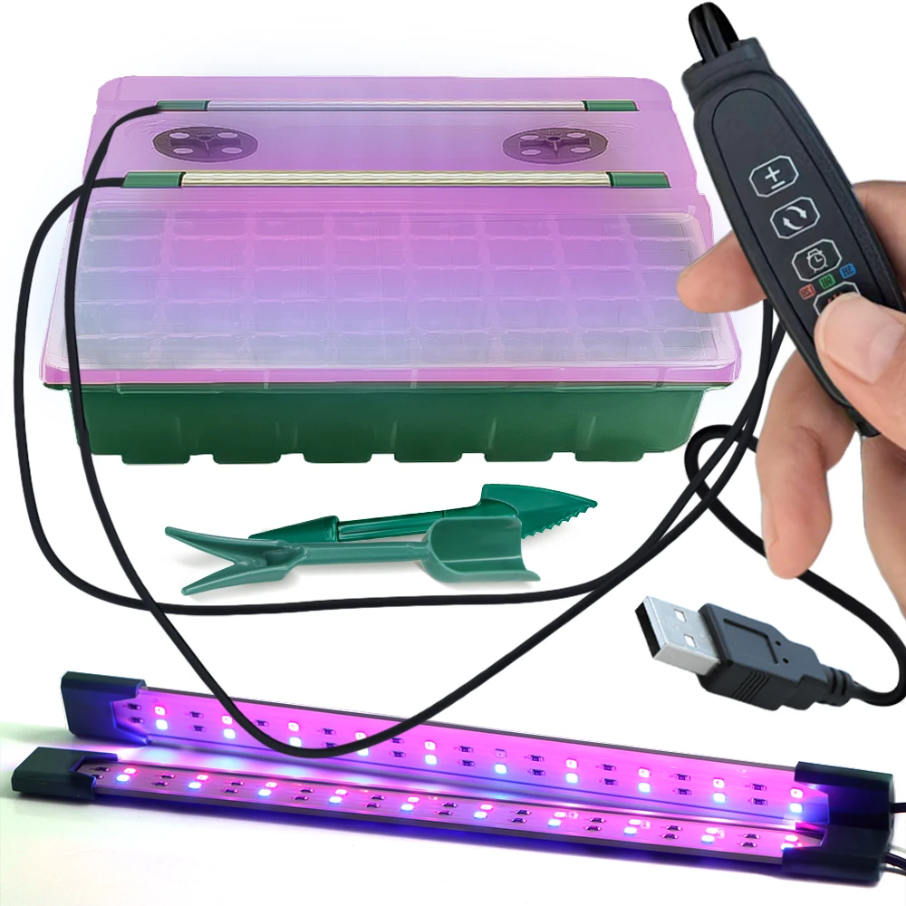 

2-Long Strip Grow Light Seed Starter Tray with Timing Controller Garden 40/80 Cells PET Seed Starter Pot Kit with Humidity Dome