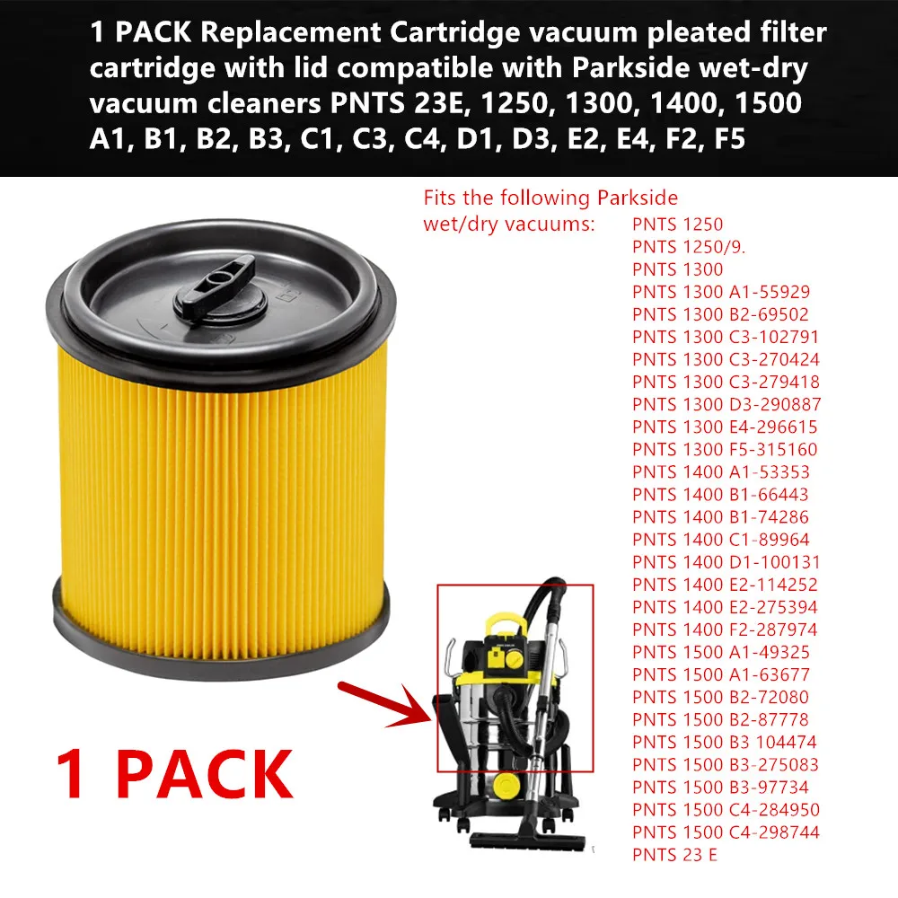 1PACK Replacement Cartridge vacuum pleated filter compatible with Parkside  wet-dry vacuum cleaners PNTS 23E, 1250, 1300, 1400
