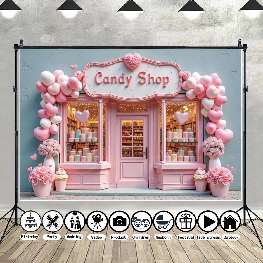 

MOON.QG Women's Birthday Background Candy Shop Door Rose Balloon Valentines Day Backdrop Girl Poster Photography Accessories