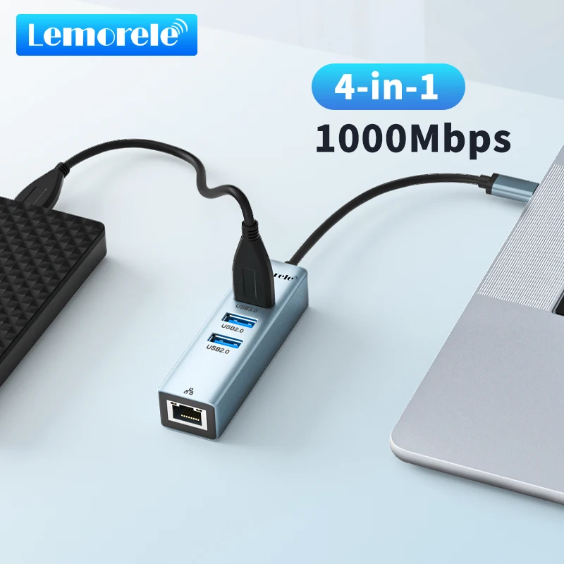 

Док-станция Lemorele TC43L Type C, концентратор USB 2.0, передача данных, порта 4 в 1, гигабитный Ethernet, адаптер RJ45 USB A для MacBook
