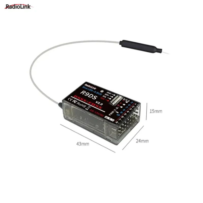 Mini receptor RadioLink R9DS: FHSS de 2,4 GHz con PWM y PPM, compatible con SBUS/CPPM, baja latencia para transmisores RC Drones/FPV/AT9