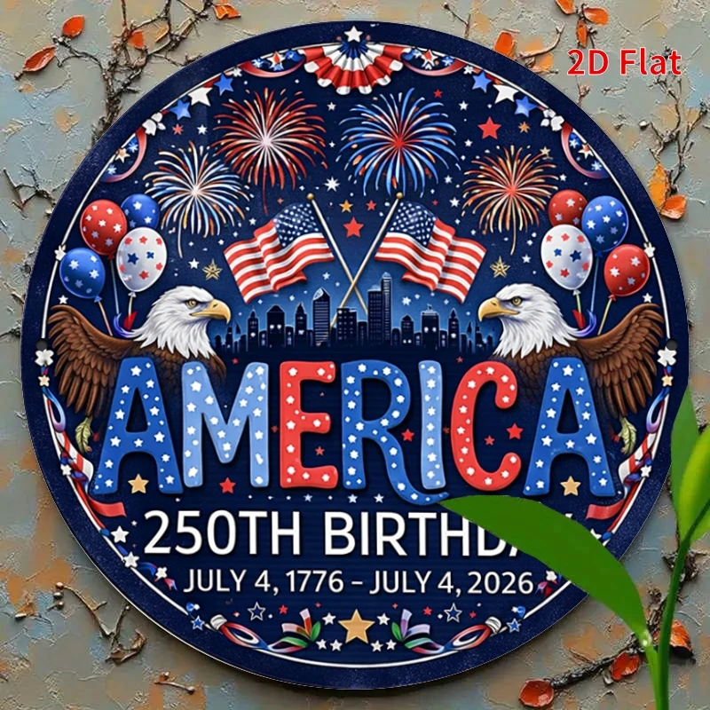 Decoración de Pared 2D Plana, 1 Pieza [2Dfalt] con Diseño del 250 Aniversario de América - Letrero Vintage Retro con Doble Águila y Fuegos Artificiales, Ideal para el 4 de Julio
