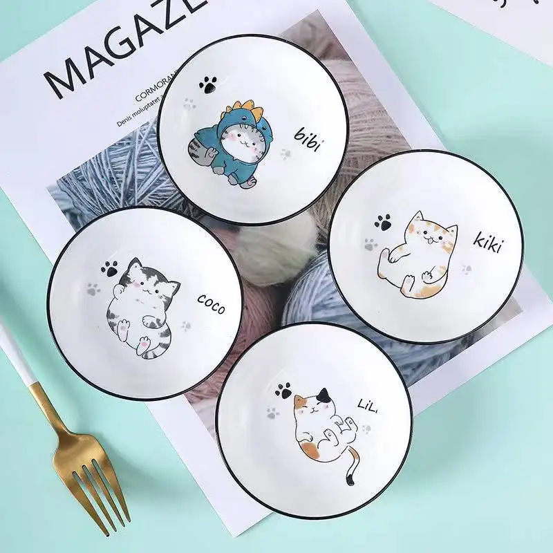 6Pcs/set Cute Cat Mini Heart Shaped Pigments Ceramics Soy Dish Sauce Vinegar Jam Dishes Kitchen Small Plate Set Tableware Gifts