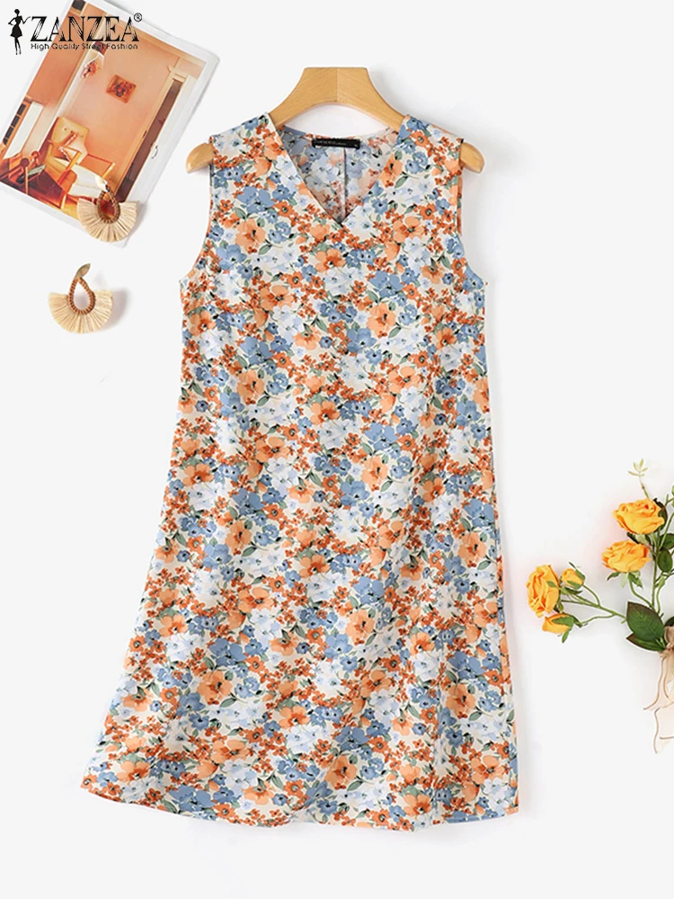 ZANZEA Casual Female Knee Robe Korean Fashion Tank Dress Vintage Women V-neck Sundress 2024 Summer Holiday Sleeveless Vestidos