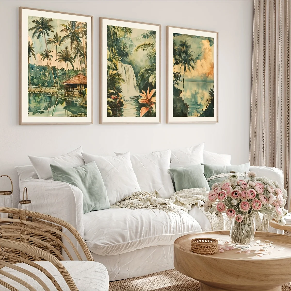 3pcs/set Retro Watercolor Tropical Jungle Holiday Home Waterfall Canvas Print Hawaiian Holiday Wall Art Poster for Home Decor