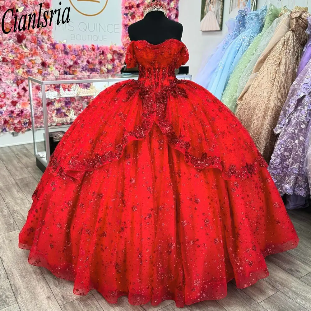 Vestido De baile De quinceañera con volantes De cristal y lentejuelas, vestido De quinceañera con purpurina roja, con hombros descubiertos plisado corsé, dulce 16, Años XV