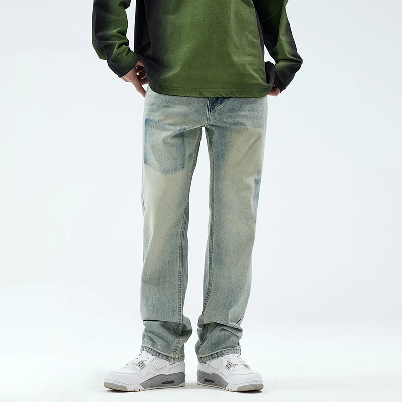 Washed retro vintage denim jeans men's loose straight leg American high street pants cargo pants streetwear men clothing