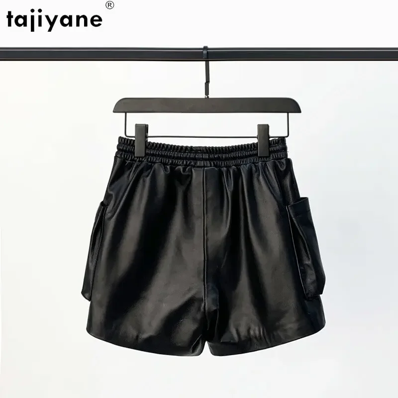 Tajiyane Real Sheepskin Women's Leather Shorts 2023 Elastic Waist Genuine Leather Shorts Black Wide Leg Short Pants Korean Style