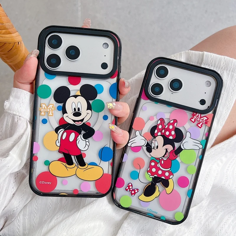 

Cute Disneys cartoon Funny Minnie Mickey Magsafe Wireless Charge Case For iPhone 13 14 15 16 17Pro Max Polka Dots Magnetic Cover