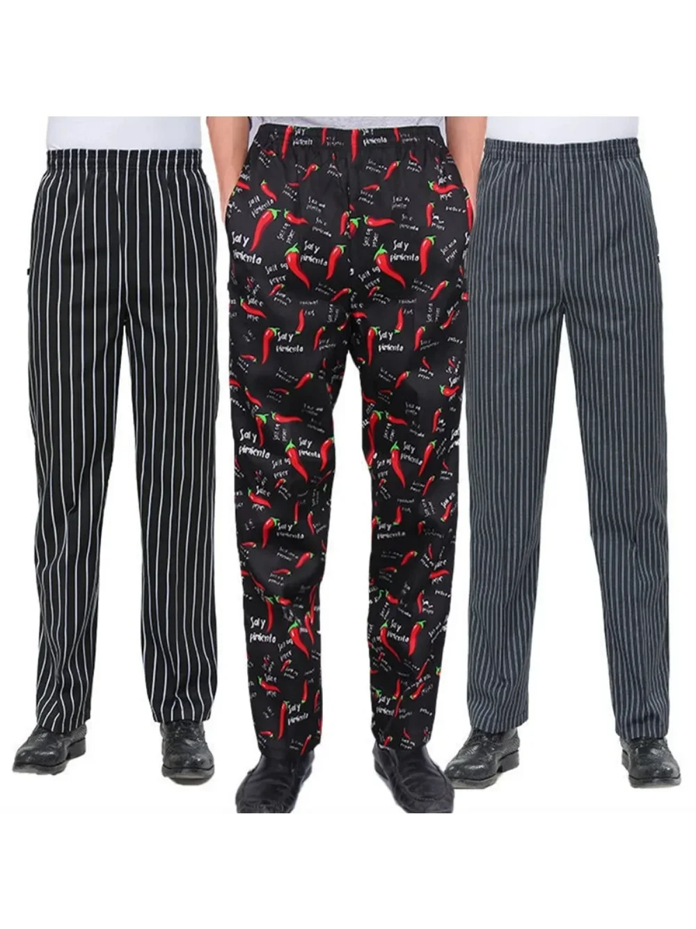 Calças Elásticas do Chef Striped, Calças de Trabalho Garçom Preto, Uniformes Chef Service, Hotel e Restaurante