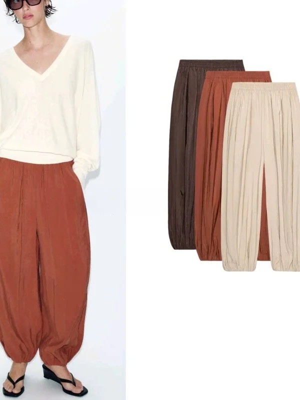 Summer Women's Straight Leg Pants Elastic Waist Front Pocket Design French Style Lantern Pants Casual Comfortable Polyester F...