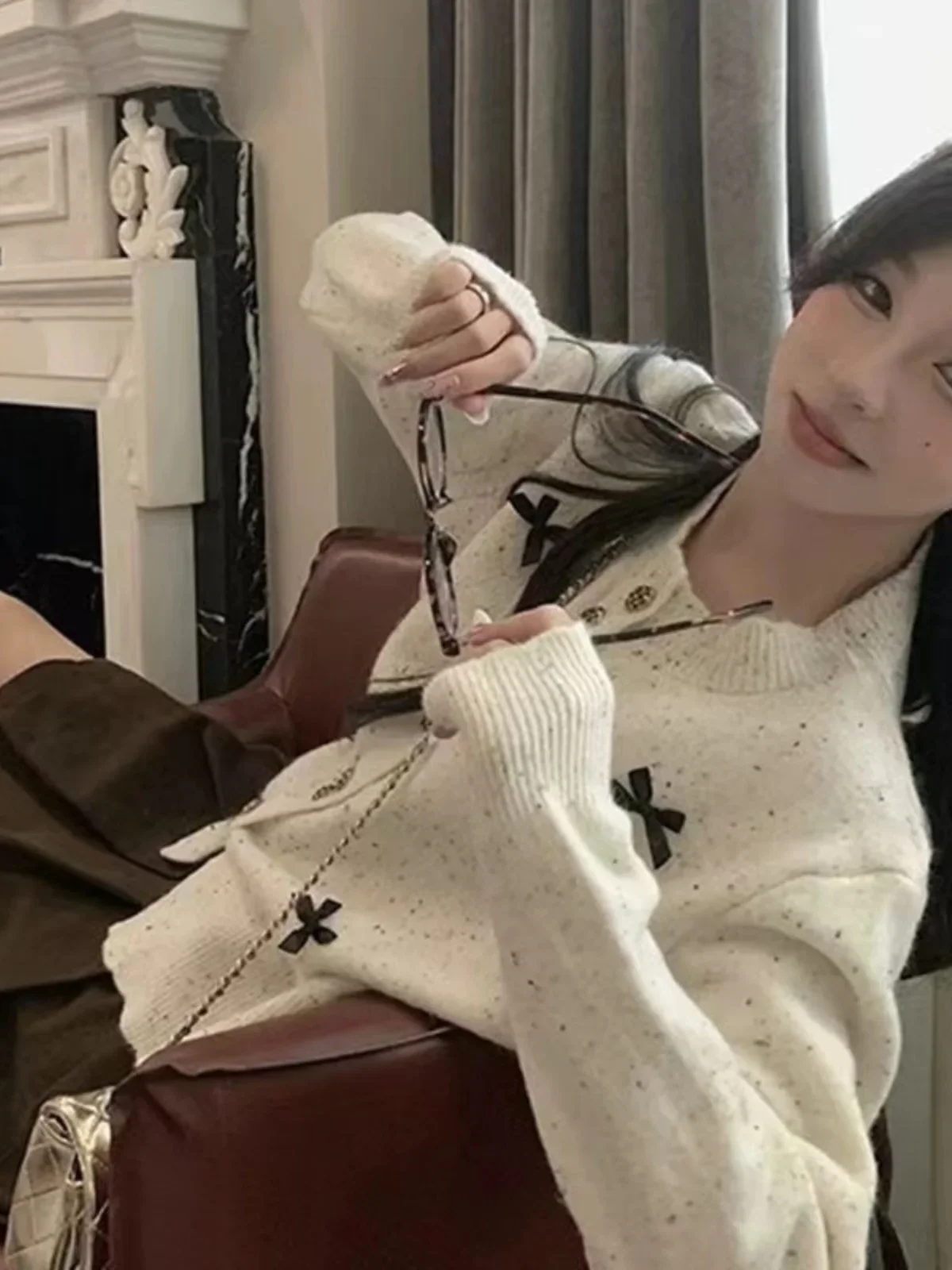 Pull femmes début du printemps noeud mince longue carte coréenne douce fille petit rond tricoté