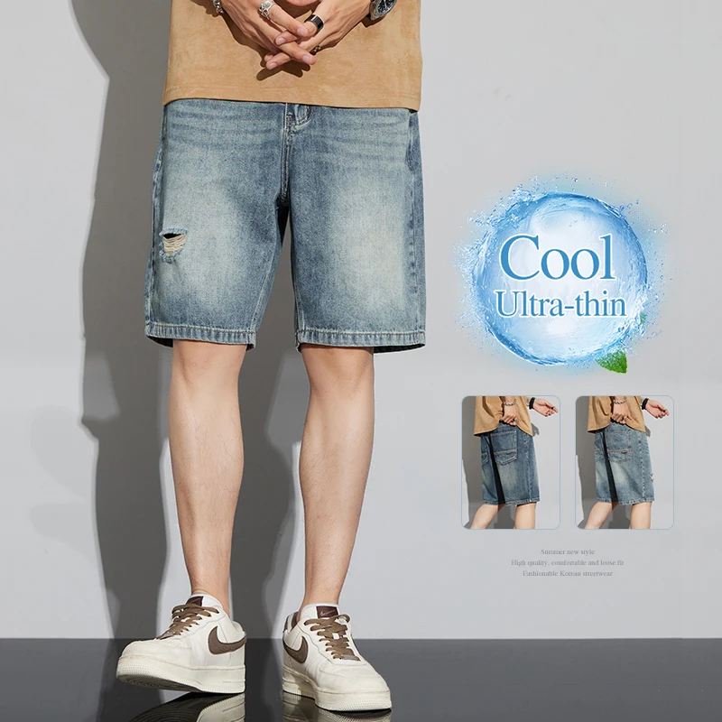 Pantalones Cortos de Mezclilla Azul Claro para Hombre, Nuevos, Holgados, Rotos, a la Moda Coreana, Estilo Urbano, Casuales, Tipo Bermuda, hasta la Rodilla
