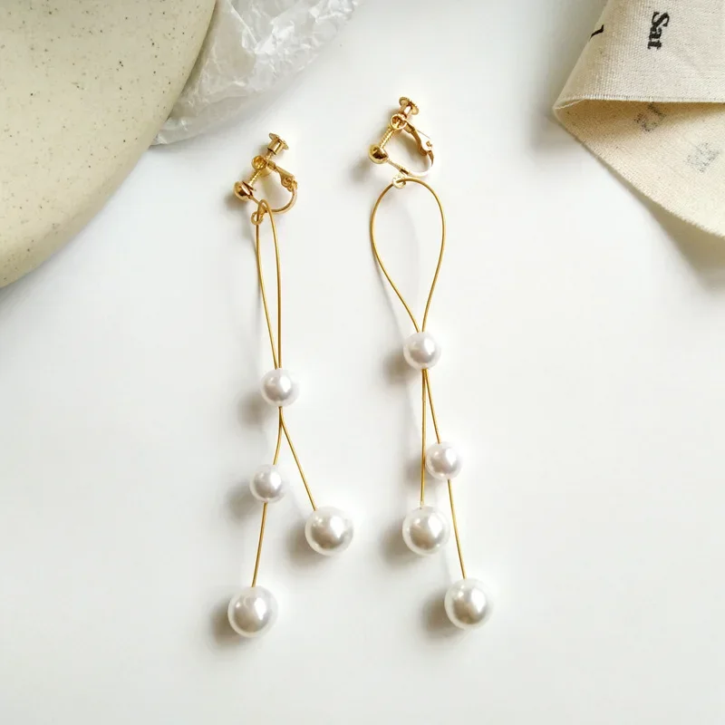 Temperament Long Imitation Pearls Tassel Clips Earrings Without Piercing Hole Simple Elegant Round Pearls Pendant Clip Earrings