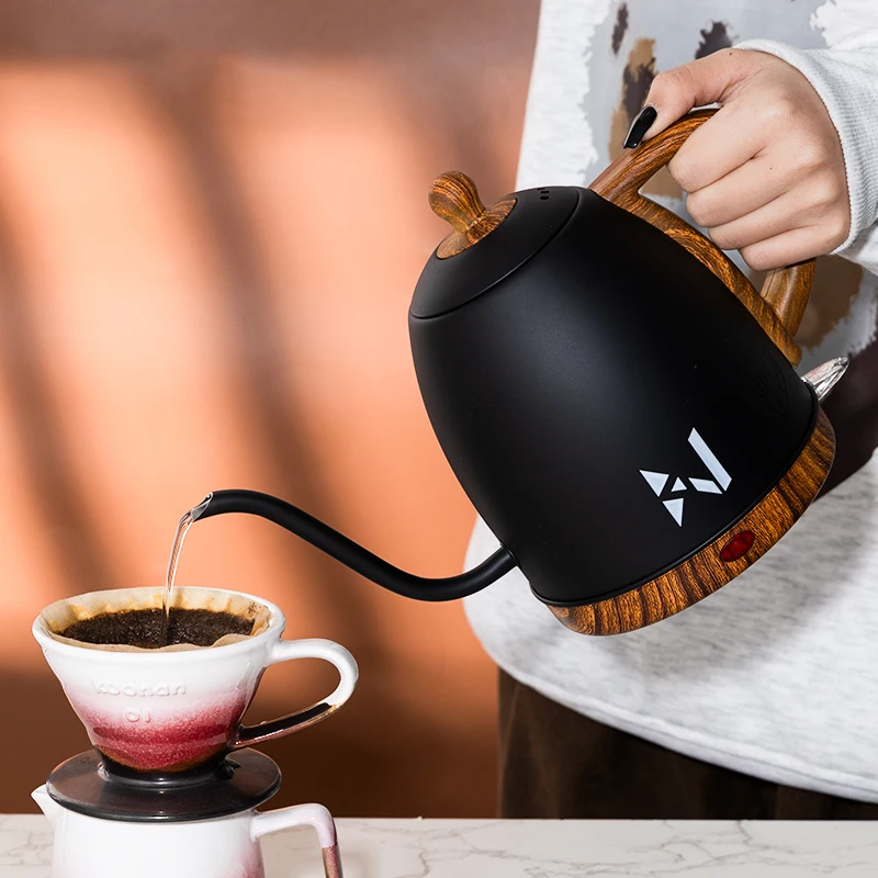

Stainless Steel Gooseneck Electric Kettle Wooden Grain Handle Tea Pot Precision Pour for Hotel or Tea Ceremony