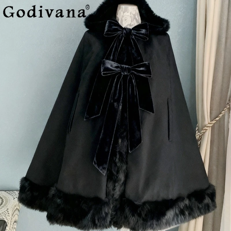 Gothic Lolita Dress Cape Coat Women's Winter Sweet Cute Hooded Cloak Female Japanese Style Princess Wool Lolita Ponchos