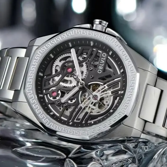 OBLVLO Men Automatic Watch 42mm Mechanical Wristwatch Luminous 50M Waterproof Sapphire Mirror Skeleton Dial Miyota 8215