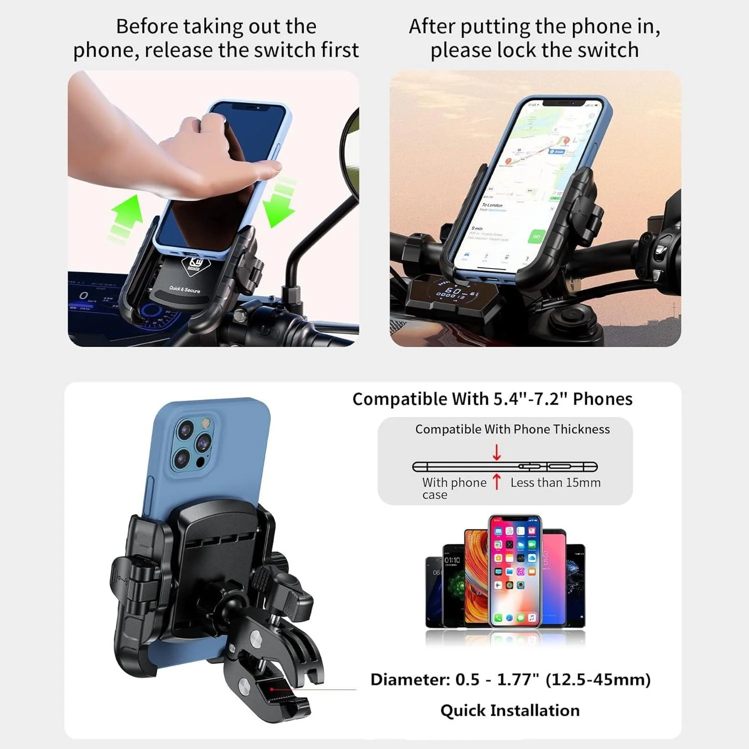 Wide Compatible Motorcycle Phone Mount, Easy Install Handlebar Clip, 360 Rotatable Camera Friendly Secure Bike Phone Holder