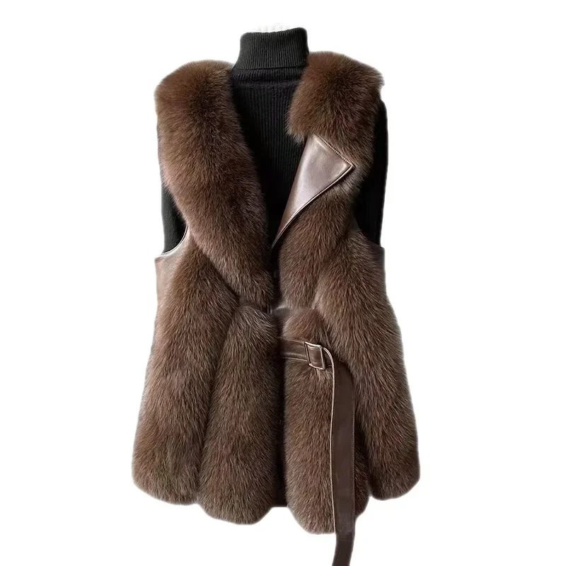 Faux Fur Jacket Women\'s Fall and Winter Fashion Sleeveless Thickened Vest Fluffy Warm Loose Lacing V-Neck Mid-Length Jacket