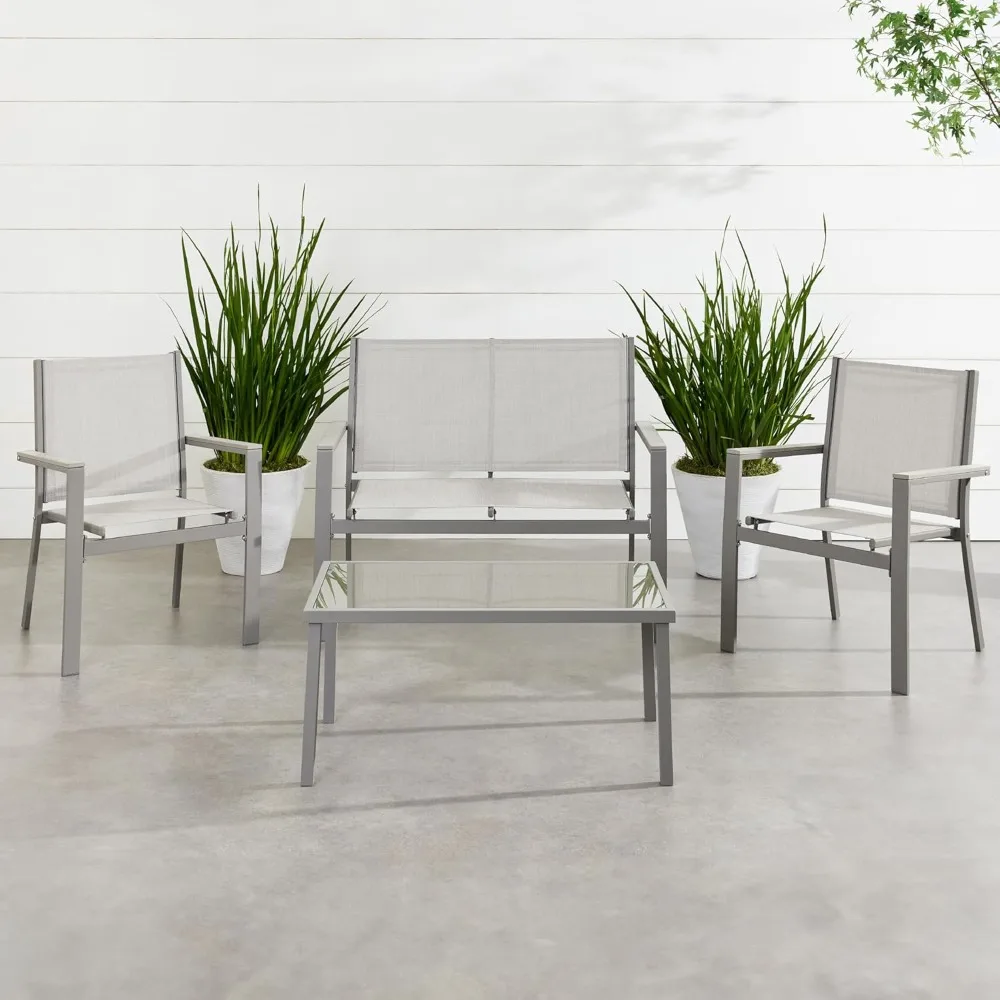 4-Piece Outdoor Textilene Patio Conversation Set, Backyard Furniture w/Loveseat, Coffee Table, Steel Frame - Gray/Gray