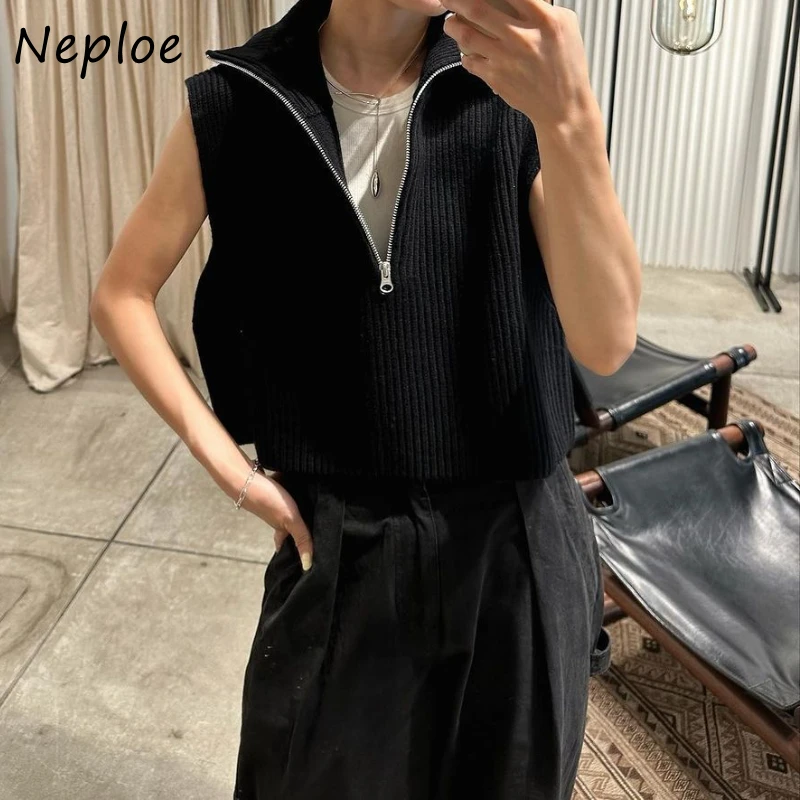 Neploe Japan Stand Collar Sleeveless Woman Sweaters Casual Loose Zip Solid Cardigan Knit Stripe Elegant Soft Sweater Vest