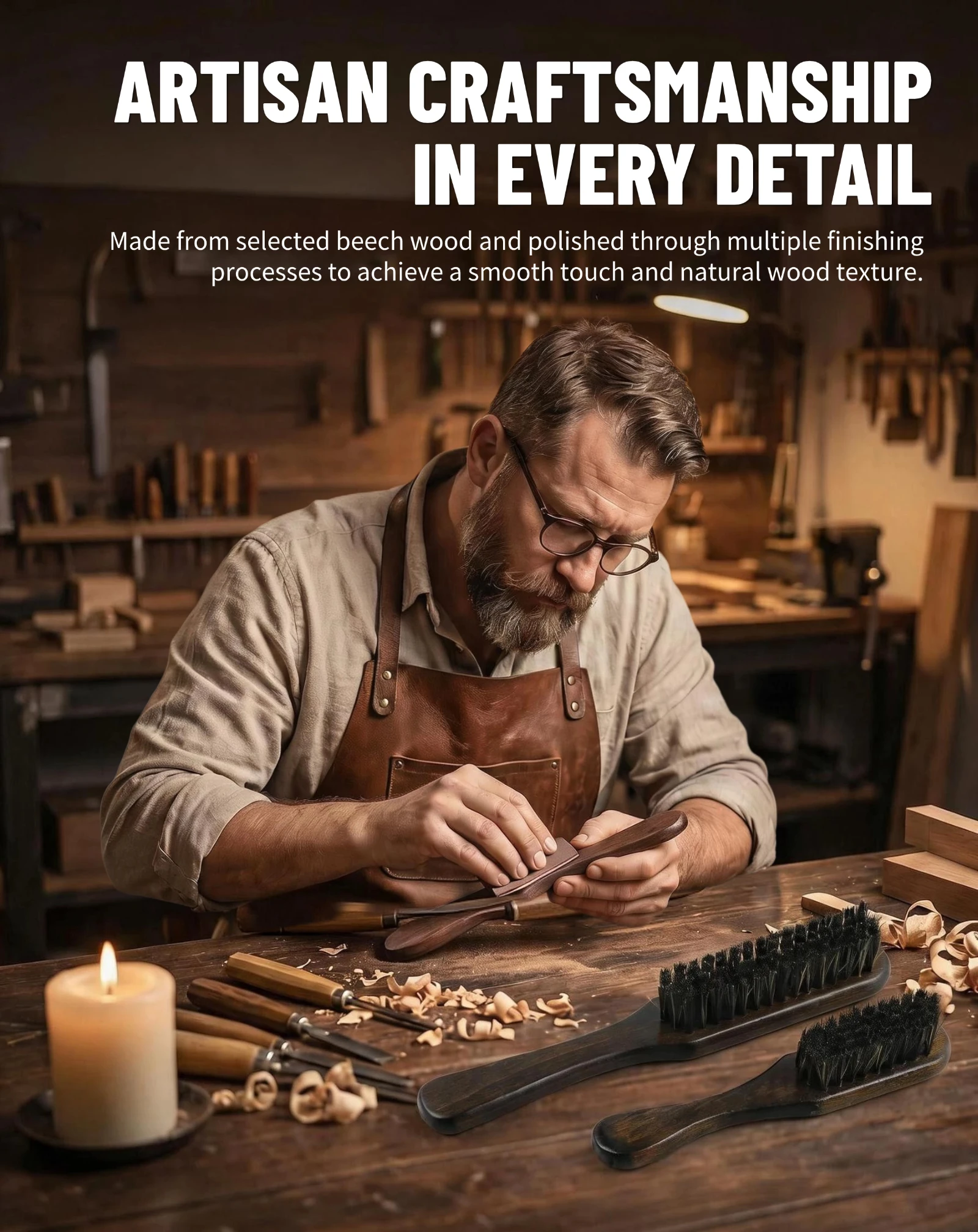 2-teiliges Set, professionelle Haarbürste aus Holz, Wildschweinborsten-Bartbürste, runde Bürste für lockiges Haar, Volumenbürste, antistatisches Haar-Styling-Werkzeug – Detail 4