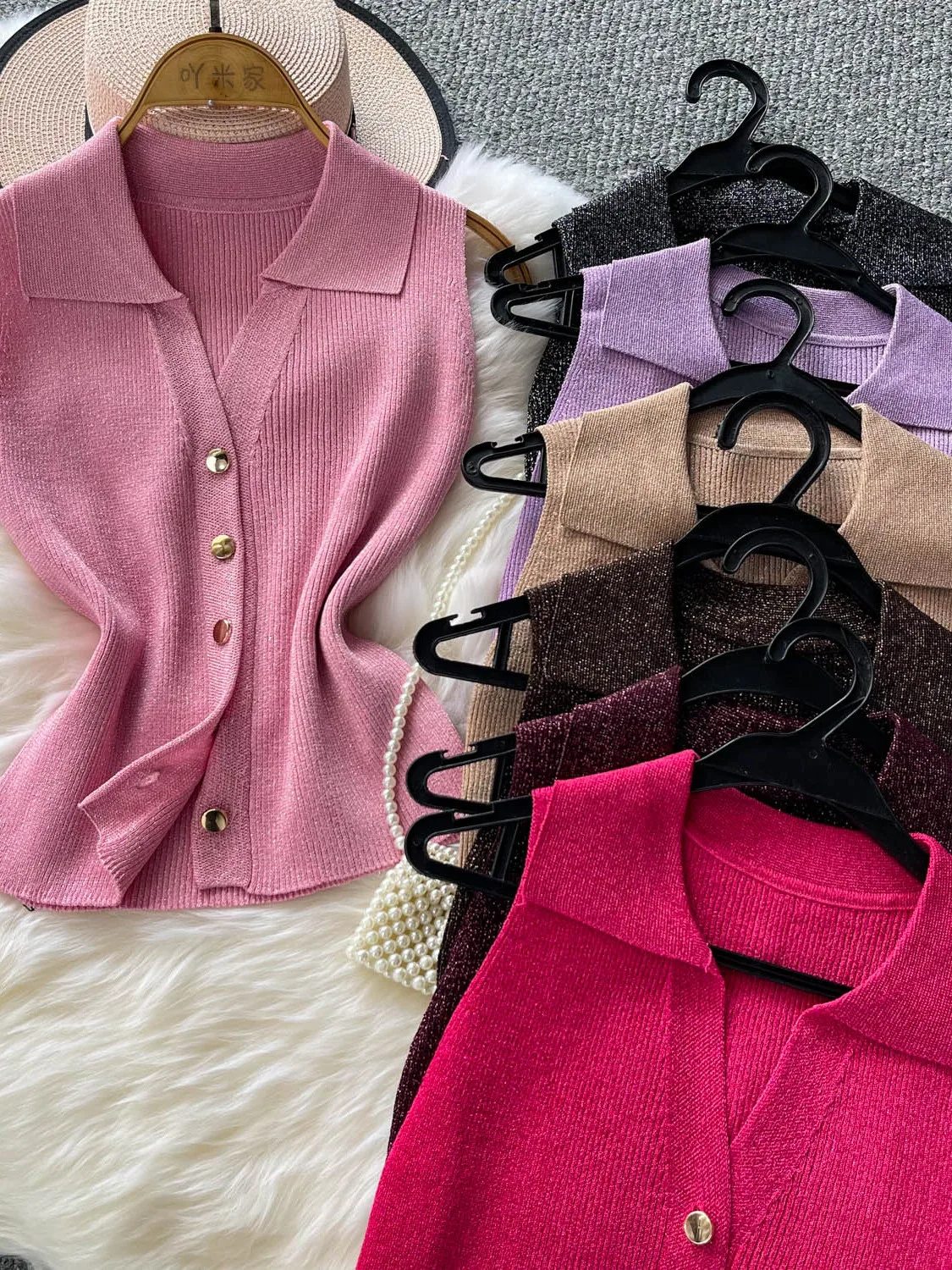 Shiny Thread Knitted  Neck Vest Women's Style Slim Fit Sleeveless Metal Button Design Commute Fashion Casual Wear