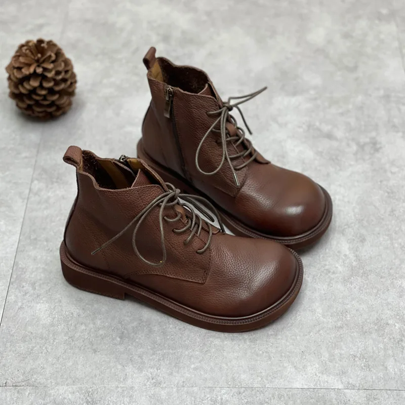 Women's Handmade Retro Genuine Leather Ankle Boots Round Toe Lace-up Side Zipper Soft Sole Square Heels Casual Short Boots