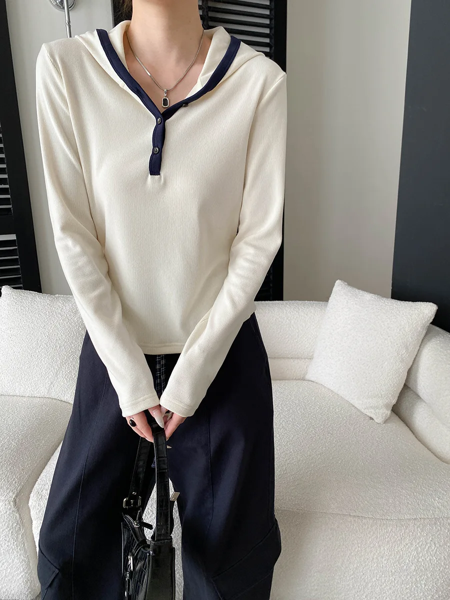 

Women's casual brushed thick button half open collar contrasting color hooded base T-shirt