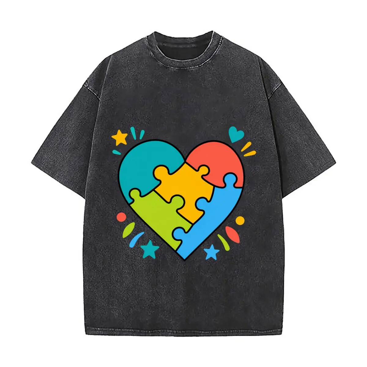 Hauts streetwear amples et délavés à motif cœur puzzle Bright Unity pour les sorties en parc