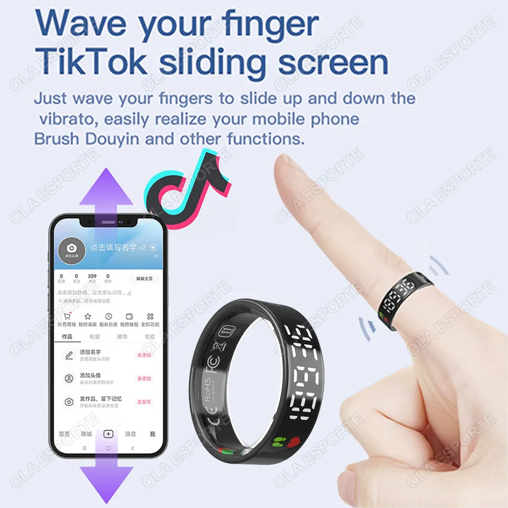 充電ボックス付きSR08スマートリング、男女兼用、LEDディスプレイ、ジェスチャーコントロール、健康モニター、5ATM防水、スポーツリング