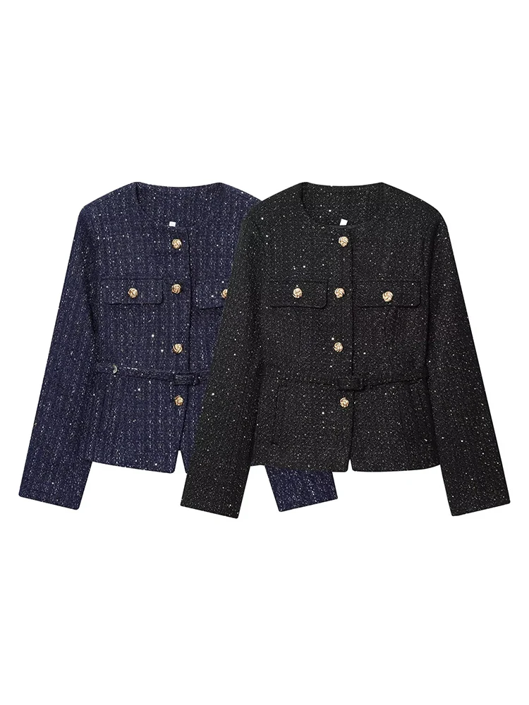 

European and American style autumn new women's casual temperament simple round neck long sleeve with belt sequined jacket