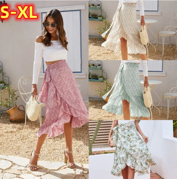 Ladies Vintage Floral Print Long Summer Skirt Women High Waist Knotted Tied Wrap Ruffle Chiffon A Line Split Woman Skirts Female