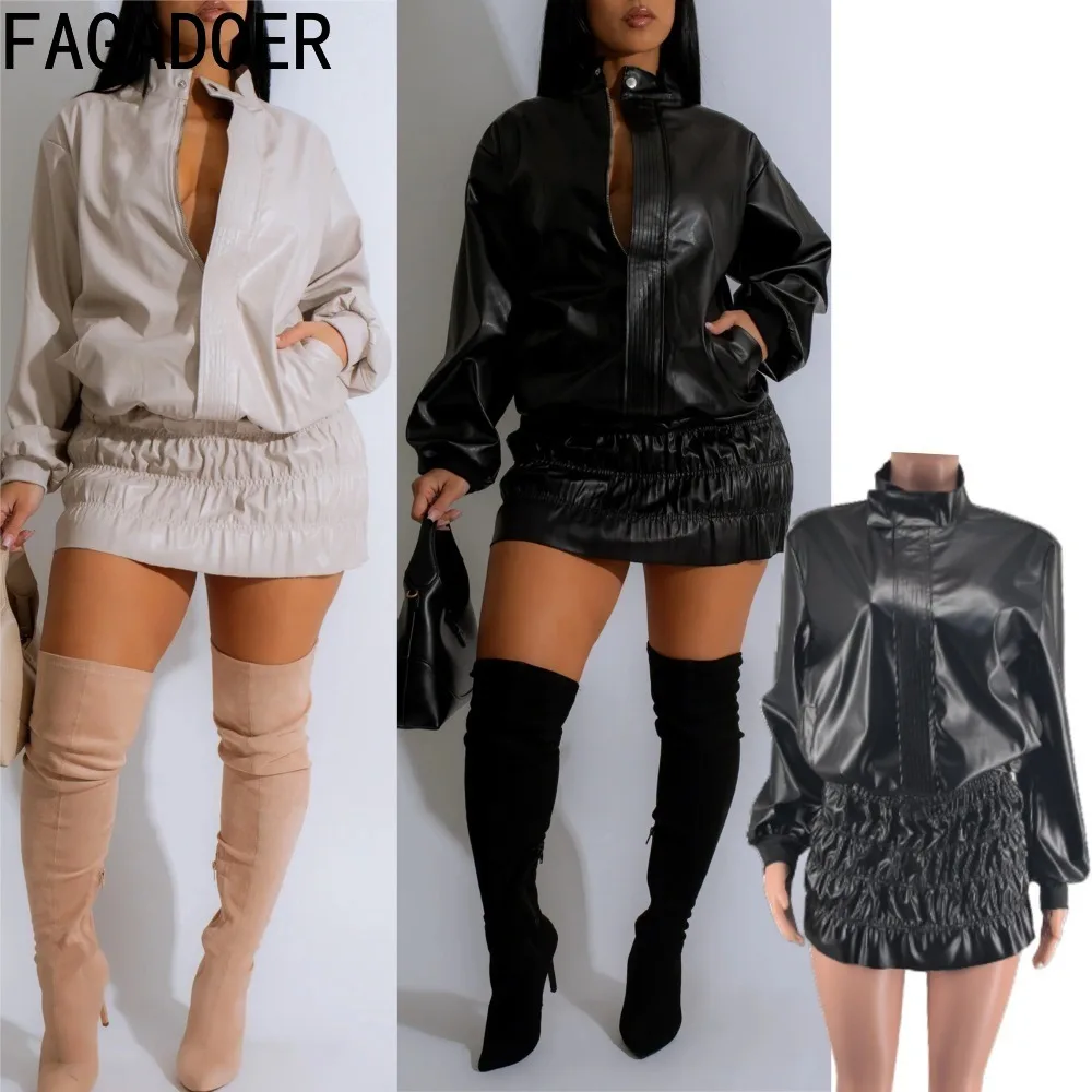 

FAGADOER Punk Leather 2 Piece Sets Women Outfit Long Sleeve Zip Jacket + Ruched Patchwork Skirts Suit Fashion Female Streetwear