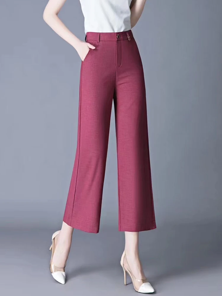 

Женские летние повседневные брюки с высокой талией и широкими штанинами из ледяного шелка, тонкие, прямого кроя, укороченные (7/8), комфортные, дышащие, из полиэстера